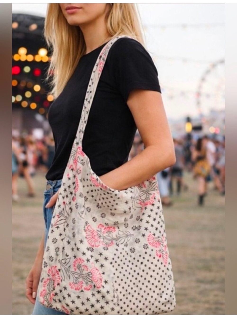 Free People Cream Canvas Shoulder Bag with Pink Floral Print